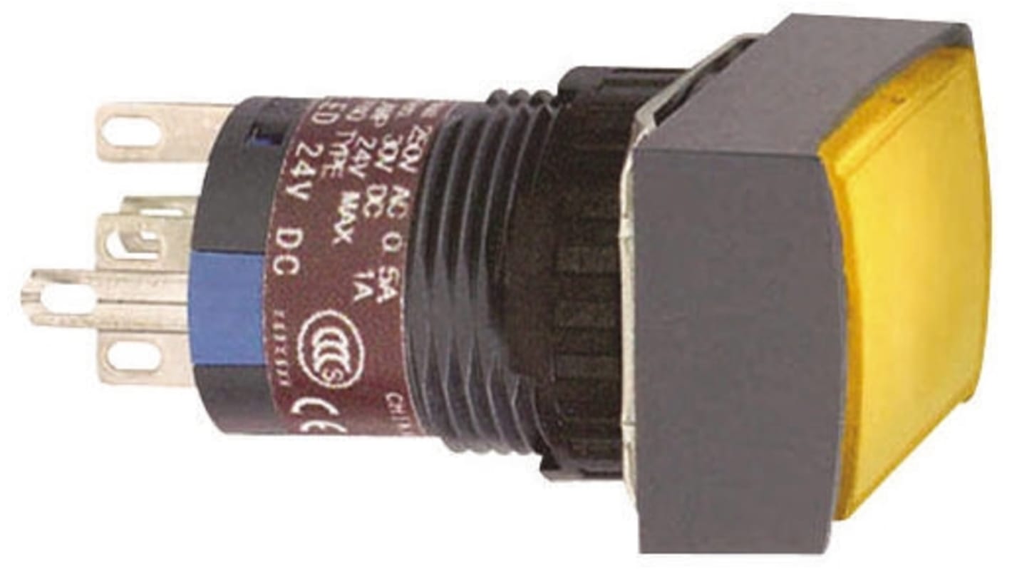 Pulsante DPDT illuminato Schneider Electric XB6EDF8B2P, montaggio a pannello, IP65, colore arancione, diametro foratura 16 mm.