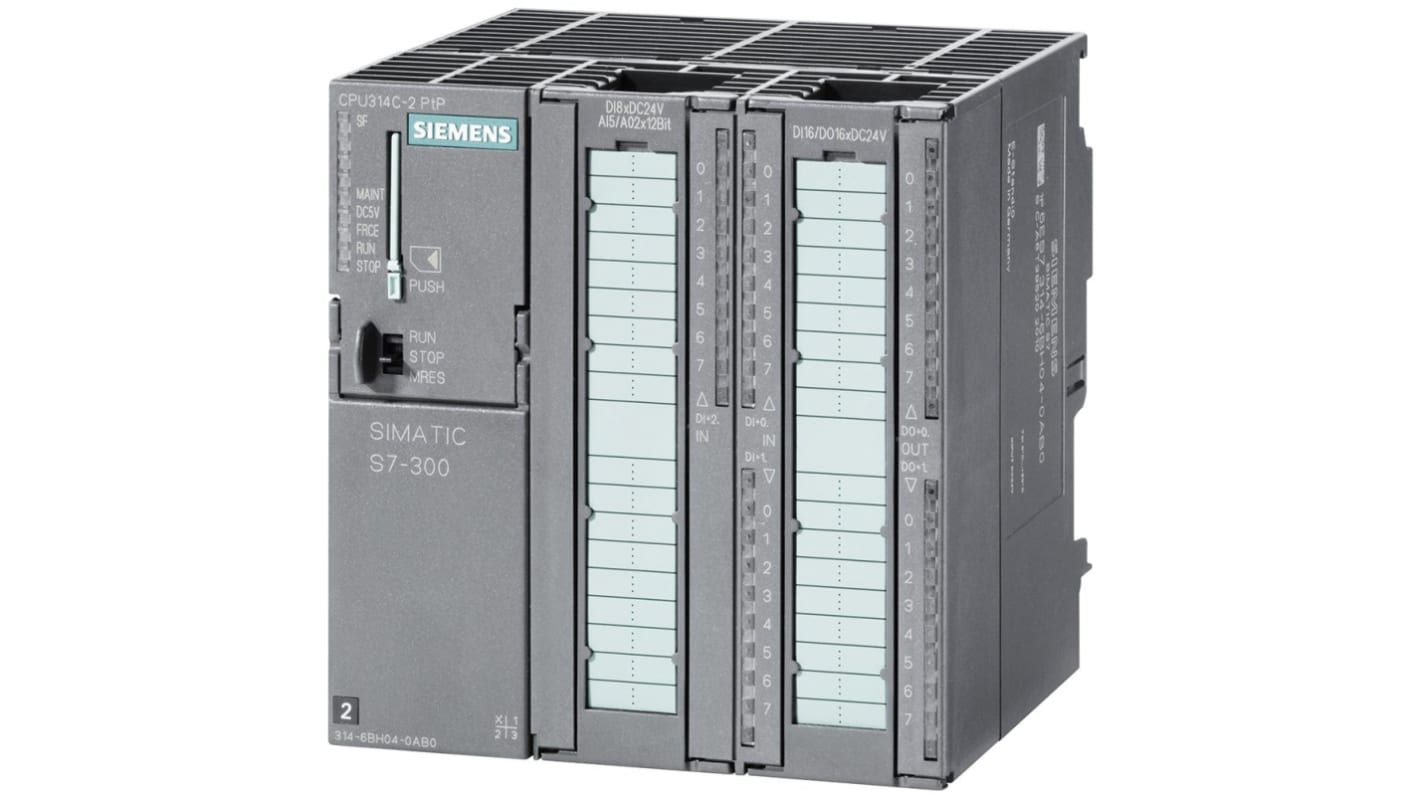 CPU PLC Siemens 6ES7314-6BH04-0AB0, compatta, 24 ingressi digitali, montaggio su guida DIN, dimensioni 125 x 120 x 130 mm.