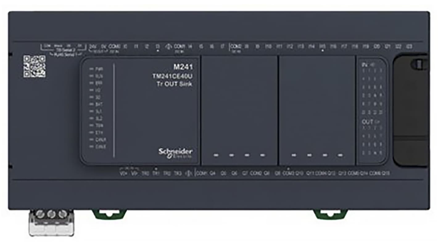 Schneider Electric TM241C40R, CPU PLC Modicon M241, 40 I/O, montaggio su guida DIN, dimensioni 190 x 95 x 90 mm.