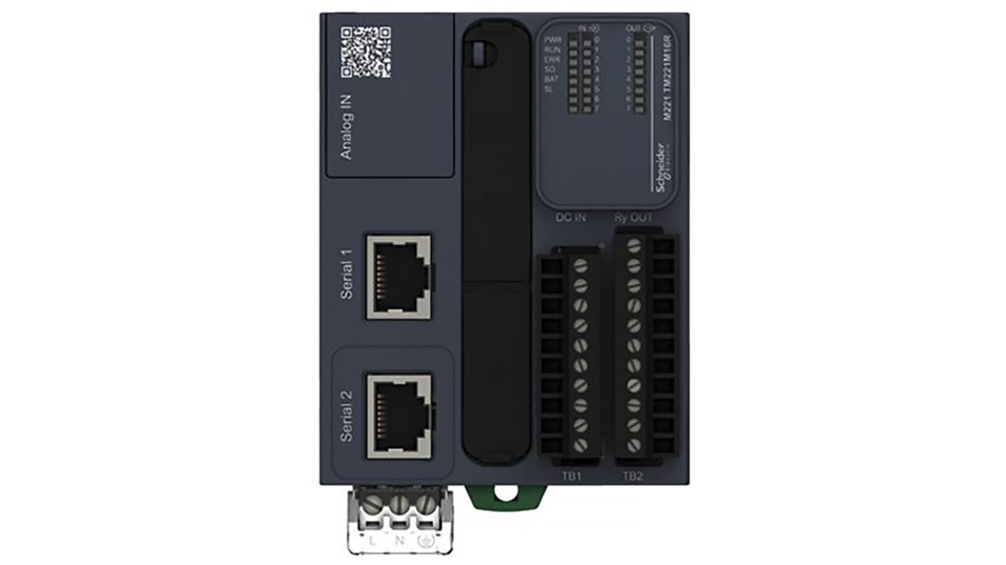 Schneider Electric TM221M16R, CPU PLC Modicon M221, 16 I/O, montaggio a pannello, programmazione con CoDeSys, interfaccia Mini USB.