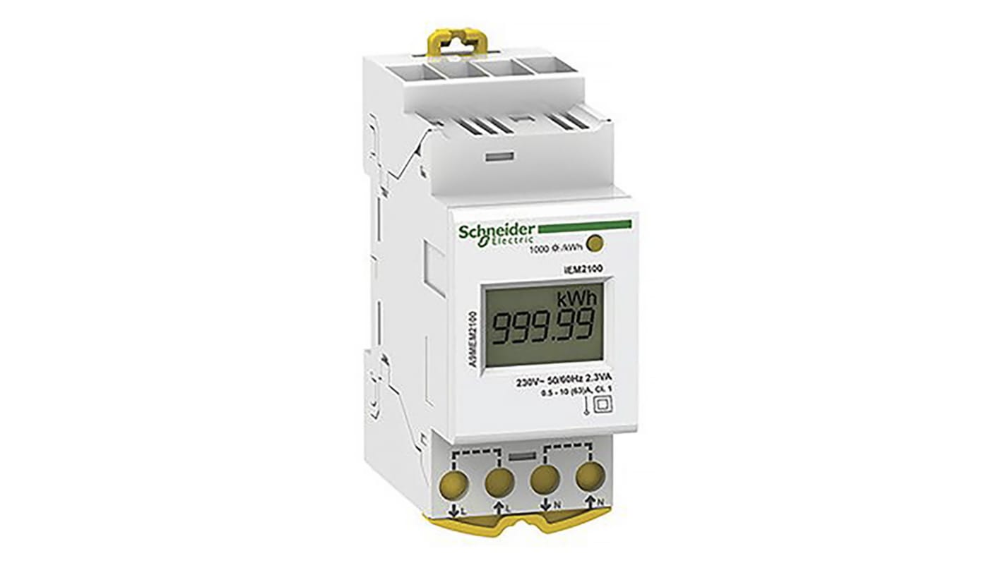 Contatore di energia monofase Schneider Electric A9MEM2100, montaggio su guida DIN, display LCD, misurazione fino a 63A.