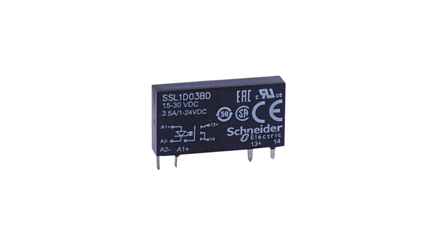 Relè a stato solido SSL1D03BD di Schneider Electric: 3,5A, 24V c.c., design innovativo per commutazione industriale.