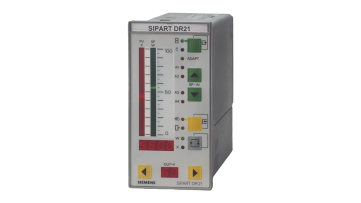Siemens 6DR2100-4, controller PID SIPART DR21, 72 x 144 mm, alimentazione 24 V, display rosso/verde, ingressi analogici e digitali.