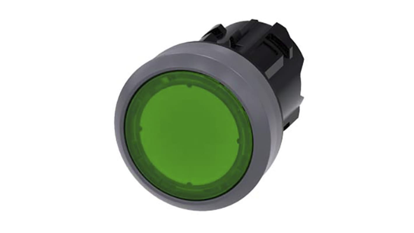 Attuatore pulsante instabile Siemens SIRIUS ACT, 22 mm, verde, con protezione IP69K e montaggio senza utensili.