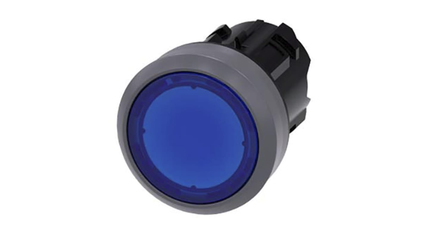 Attuatore pulsante instabile Siemens SIRIUS ACT, diametro foro 22 mm, blu, IP69K, montaggio senza utensili. Codice 3SU1031-0AB50-0AA0.