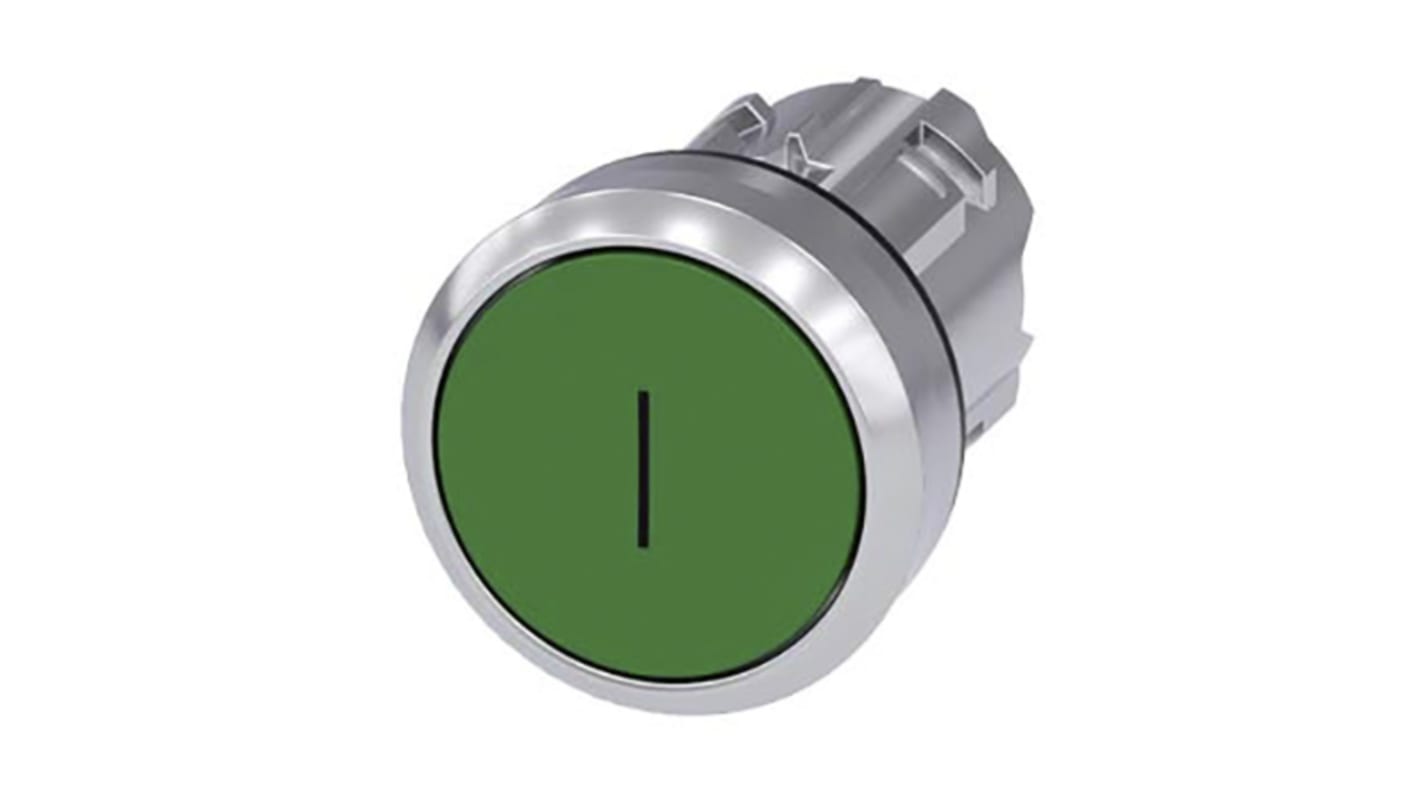 Attuatore pulsante instabile Siemens SIRIUS ACT, diametro 22 mm, verde, metallo lucido, protezione IP69K, dimensioni 53.6 mm.