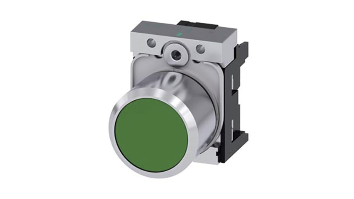 Attuatore pulsante instabile Siemens SIRIUS ACT, diametro 22 mm, verde, IP69K, per installazione semplice in ambienti estremi.