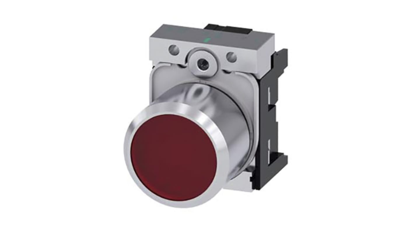 Attuatore pulsante instabile Siemens SIRIUS ACT, metallo lucido rosso, diametro 29.5 mm, protezione IP66/IP67/IP69K, installazione senza utensili.