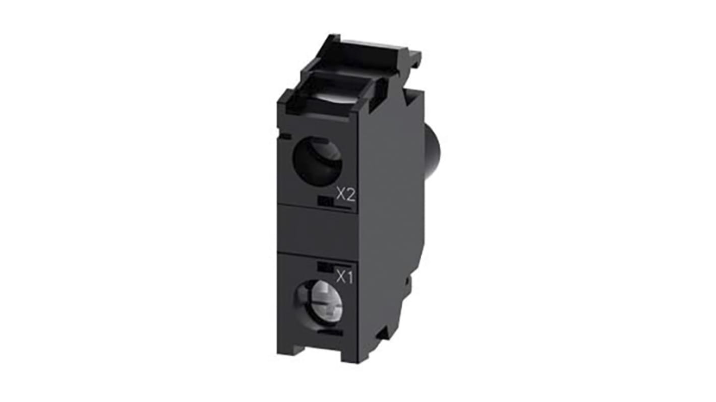 Siemens Blocco contatti luminoso LED ambra, tensione 24 V, corrente 20 mA, design antirotazione, montaggio semplice senza utensili.
