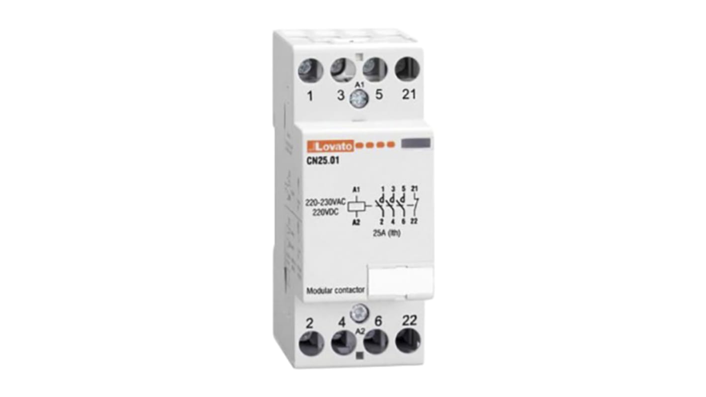 Contattore Lovato CN2510220, 4 poli, 25 A, tensione bobina 230 V, montaggio su guida DIN 35 mm, dimensioni 65 mm x 85 mm.