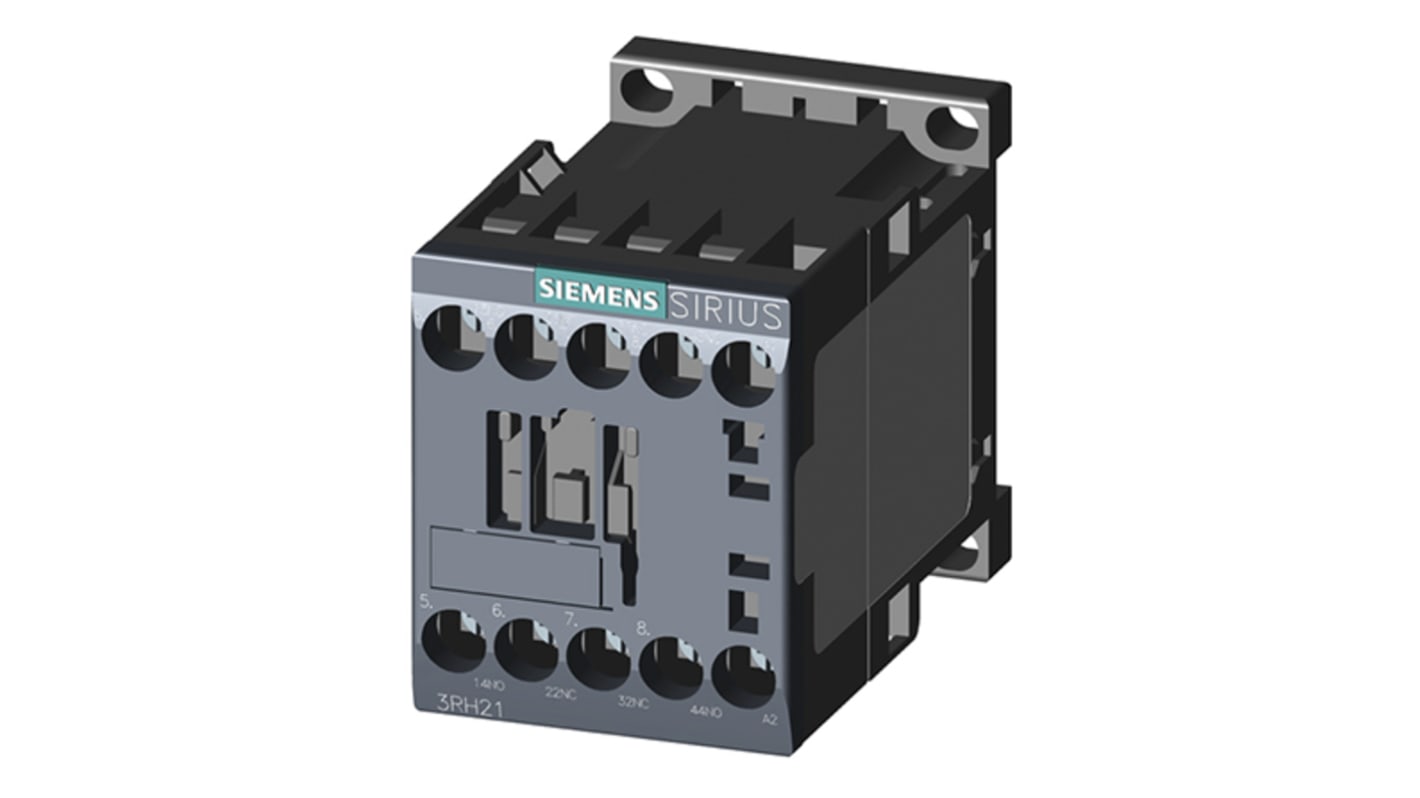 Contattore Siemens 3RH2122-1AV00, 2 NO + 2 NC, 10 A, montaggio su guida DIN, dimensioni 45x73x57.5 mm.
