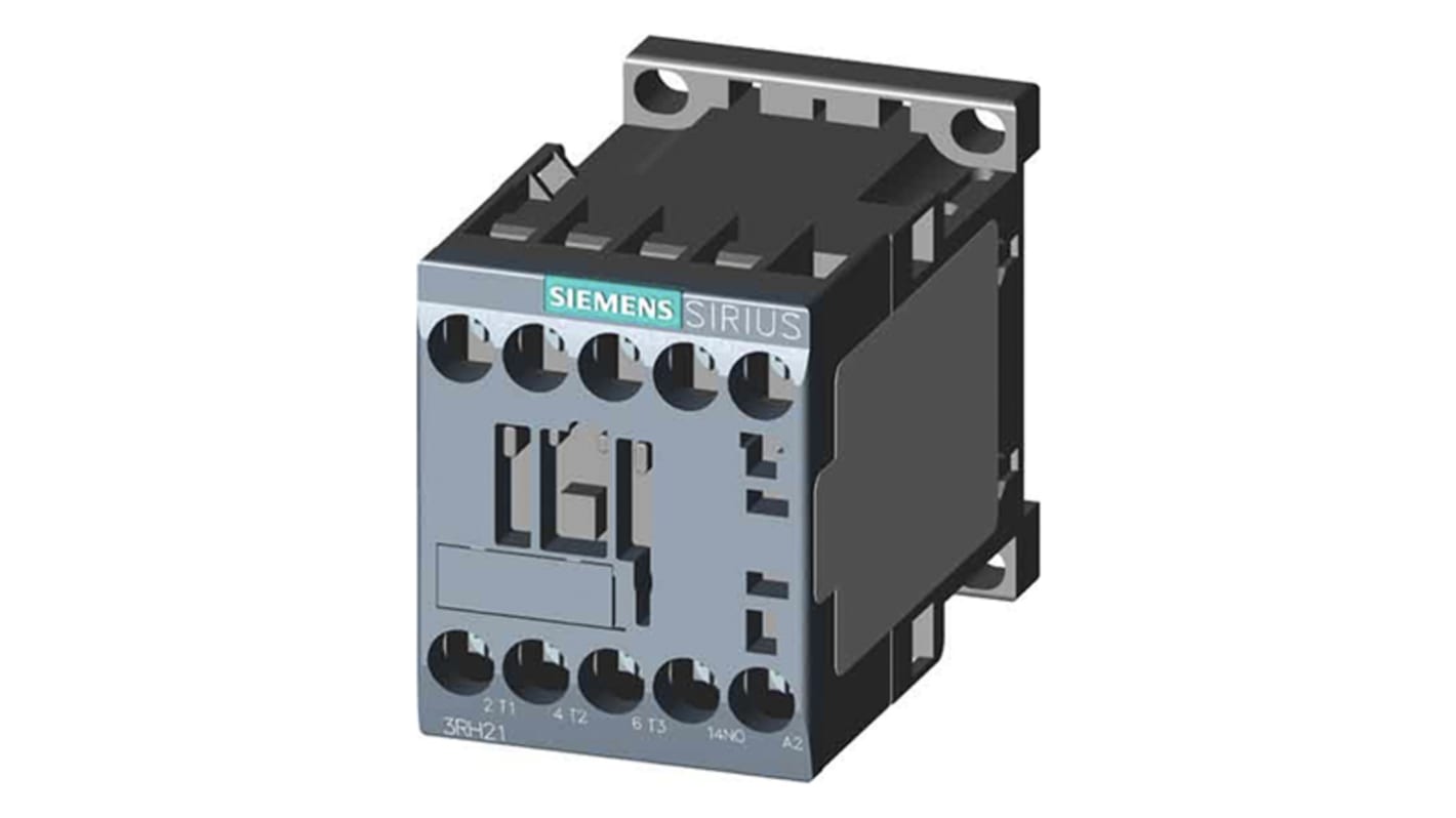 Contattore Siemens 3RH2131-1JB40, 3NO + 1NC, 10 A, montaggio su guida DIN, dimensioni 45x73x57.5 mm. Tensione nominale 690 V c.a.