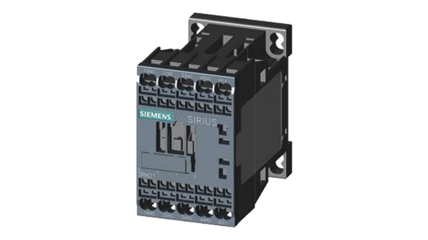 Contattore Siemens 3RH2131-2JB40, 3NO + 1NC, 10 A, 690 V c.a., montaggio su guida DIN, dimensioni 73x45x69.5 mm.