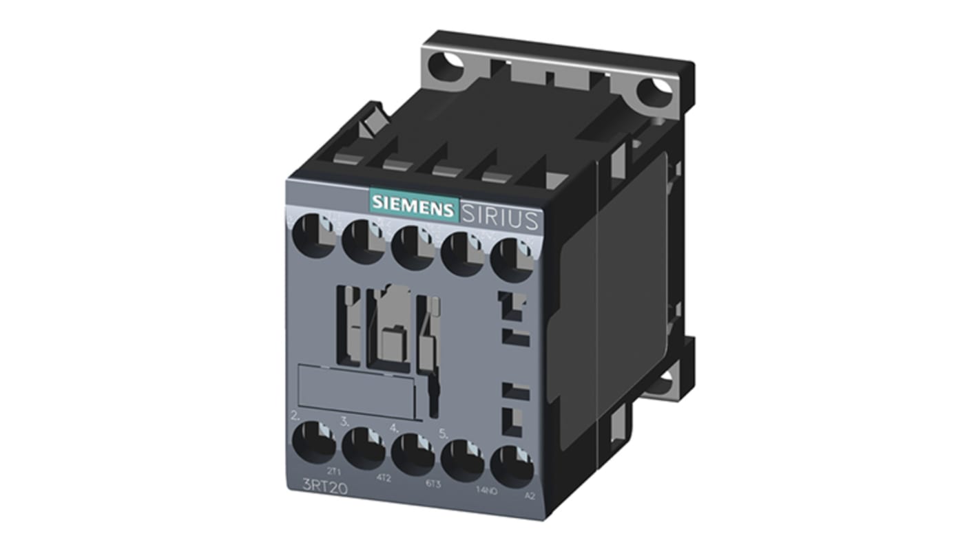 Contattore Siemens 3RT2017-1AN21, 3 poli, 12 A, 5,5 kW, bobina 230 V, dimensioni 45x73x57,5 mm, montaggio a vite.