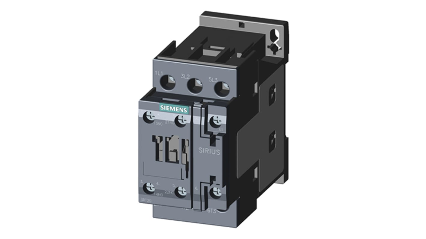 Siemens 3RT2025-1AG20, relè di controllo 3 NO, montaggio su guida DIN, corrente nominale 40 A, dimensioni 97 x 45 x 85 mm.
