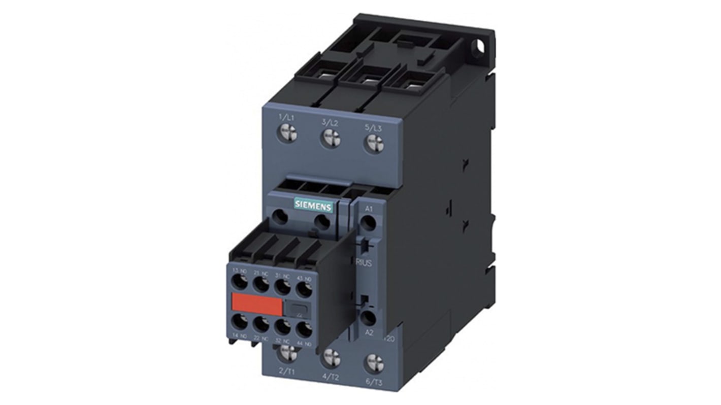 Contattore Siemens 3RT2036-1AP04-3MA0, 3 poli, 50 A, 230 V ca, 22 kW, 4 contatti ausiliari, dimensioni 173.5x55x113.4 mm.