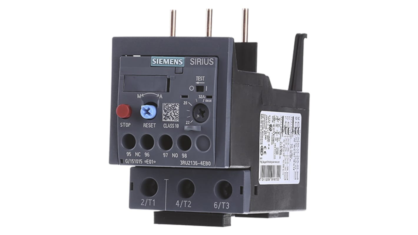 Relè di sovraccarico Siemens 3RU2136-4EB0, 1 NO + 1 NC, carico FLC 32 A, montaggio su guida DIN, dimensioni 130 x 91,2 x 55 mm.