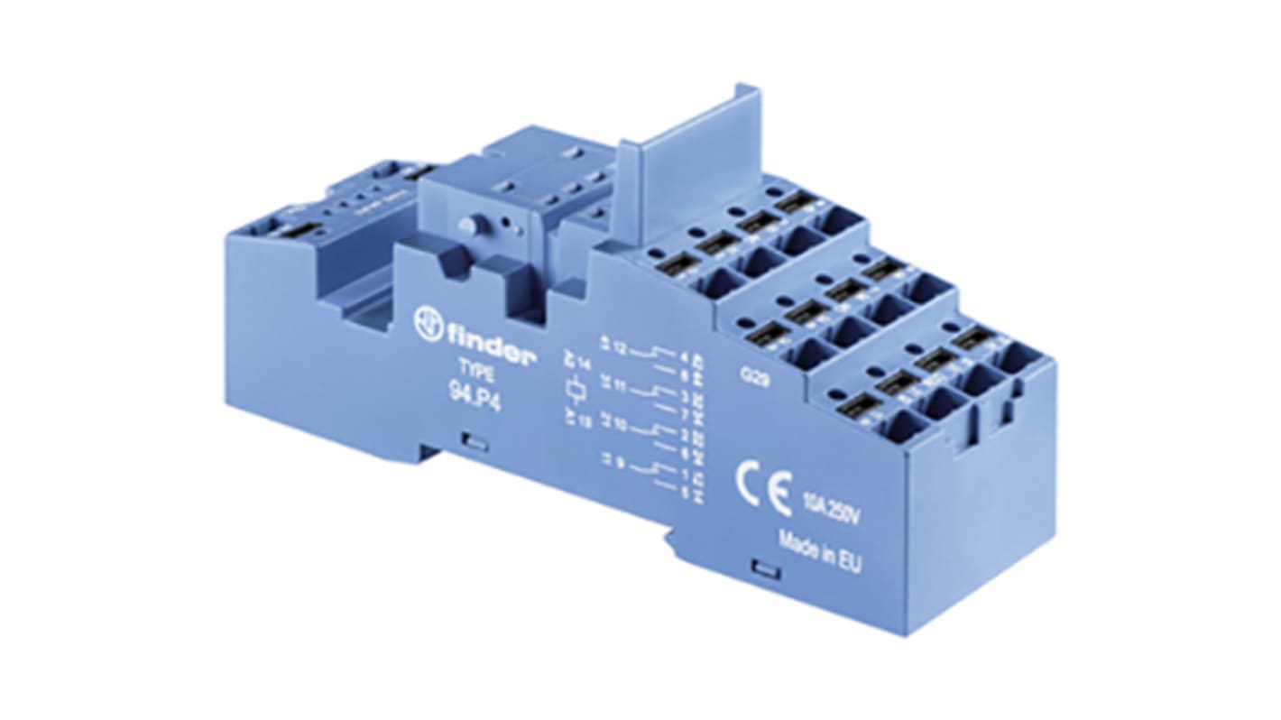 Finder 94.P4SMA, zoccolo per relè su guida DIN, compatibile con 55.32 e 55.34, tensione 250V, corrente 10A.