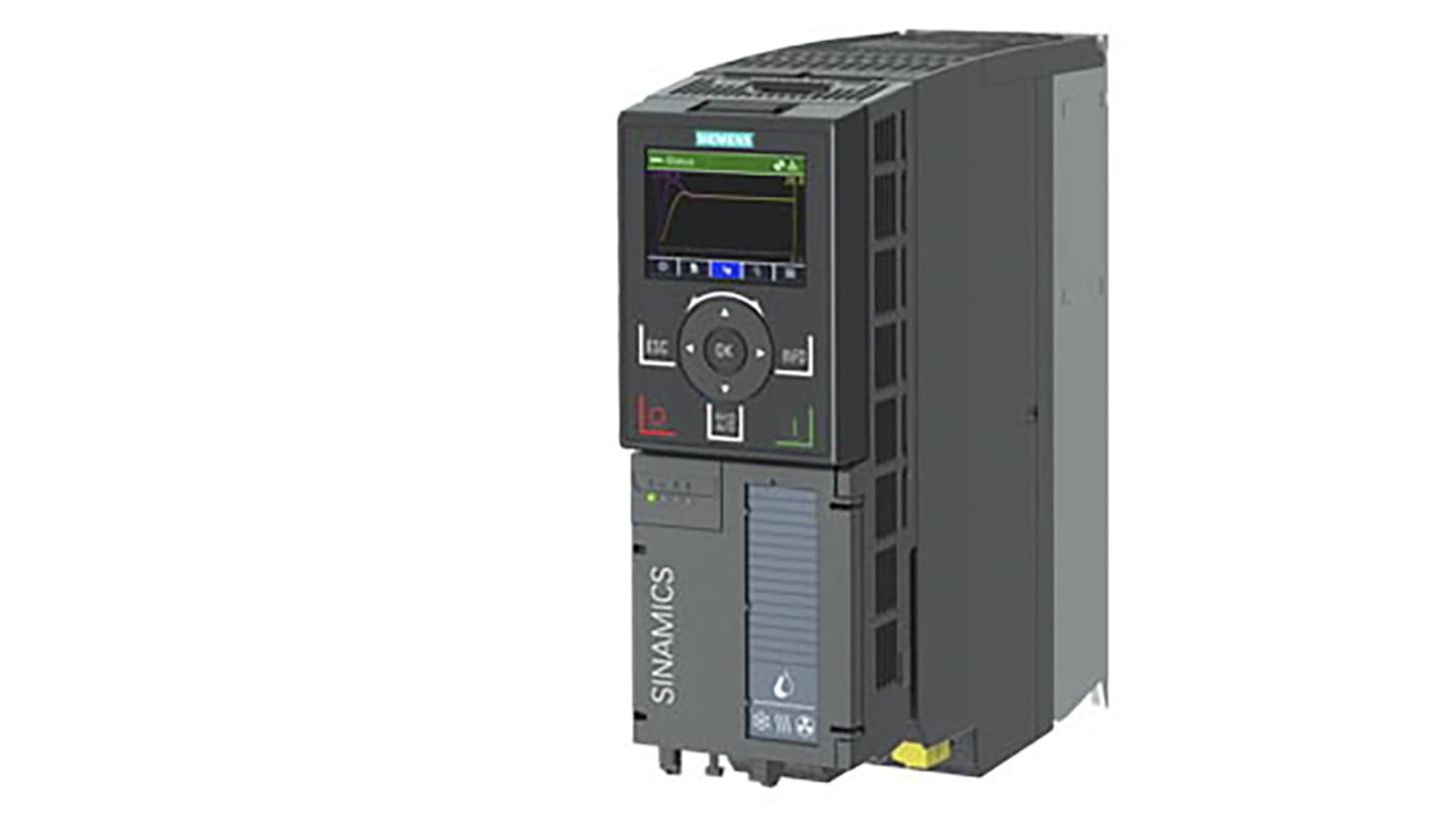 Inverter Siemens 6SL3220-2YE10-0UF0, 0,75 kW, 3 fasi, montaggio a parete, IP20, interfaccia Ethernet, dimensioni 73x209x232 mm.