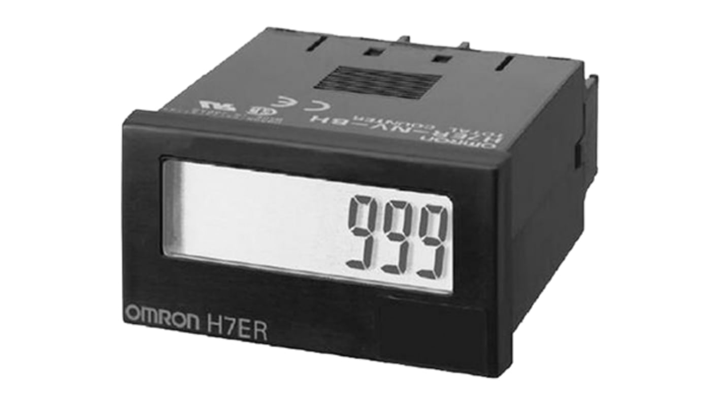Contatore secondi Omron H7ER-N, LCD 4 cifre, montaggio a pannello 24x48 mm, protezione IP66, alimentazione a batteria.