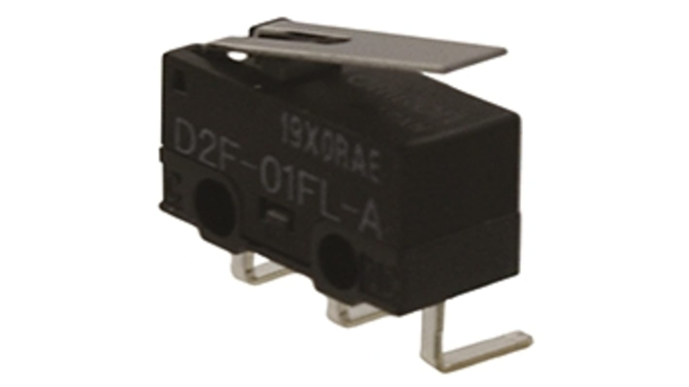 Microinterruttore Omron D2F-01FL-A SPDT inclinato per PCB, corrente 100 mA, protezione IP40, durata 1 milione di cicli.