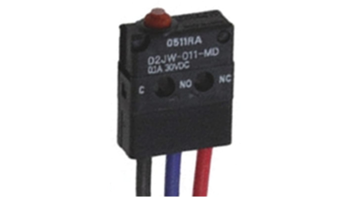 Microinterruttore Omron D2JW-011-MD SPDT pre-cablato, protezione IP67, attuatore a pistoncino, 100 mA a 30 V cc.