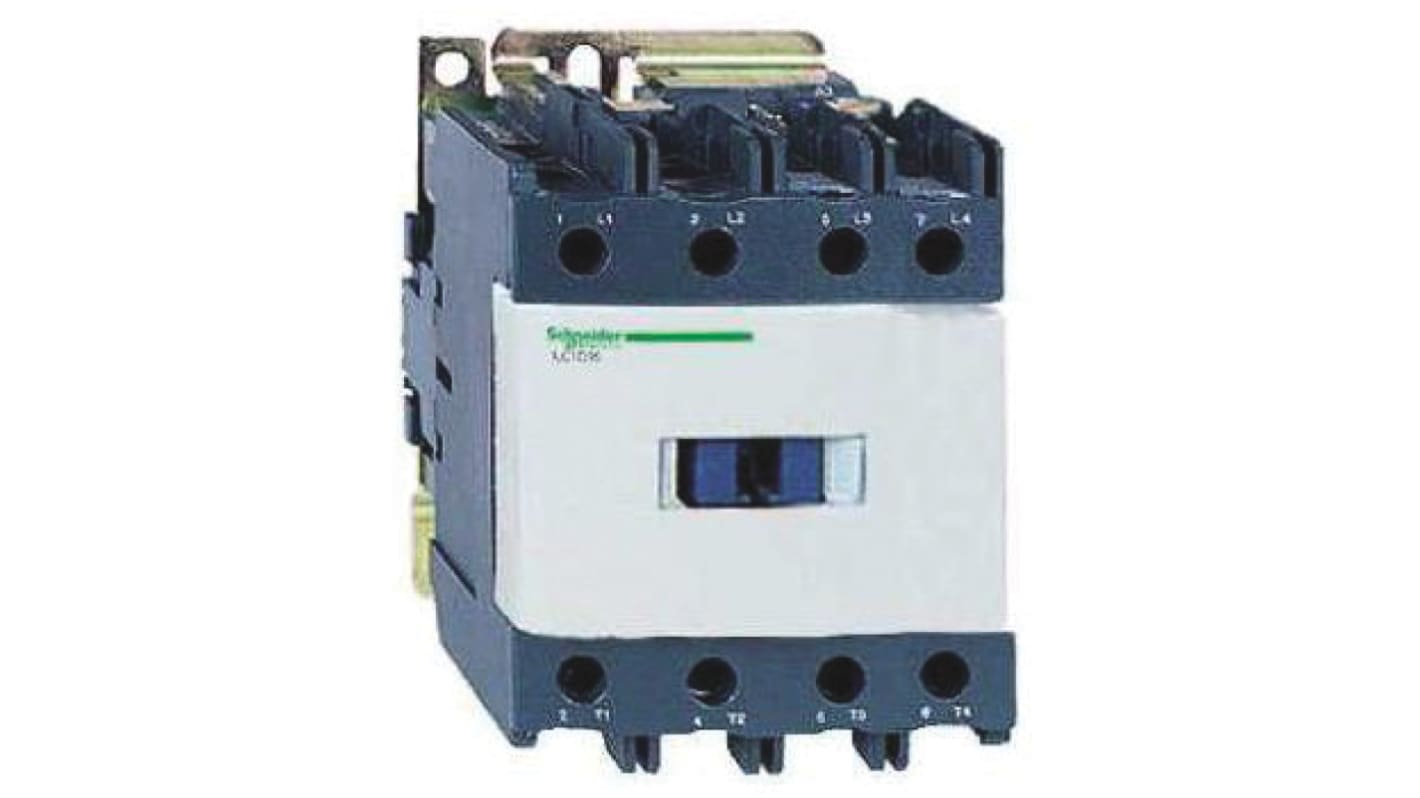 Contattore Schneider Electric LP1D65008FD, 4 poli, 80 A, montaggio su guida DIN, dimensioni 127x85x125 mm, grado di protezione IP20.