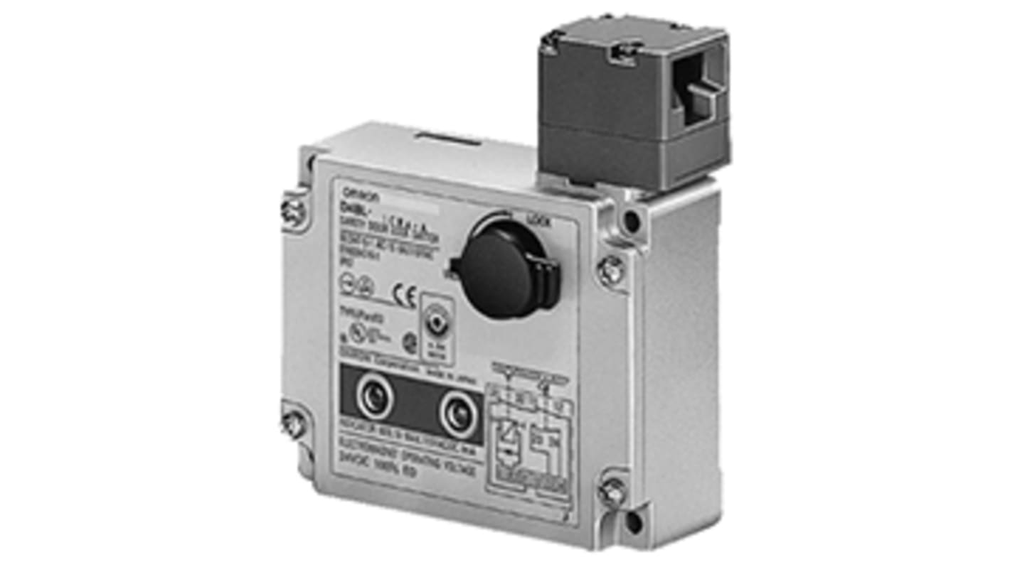 Interruttore di interblocco a solenoide Omron D4BL1CRA-A, corpo metallico, grado di protezione IP67, dimensioni 123.5mm x 116.5mm x 46.3mm.