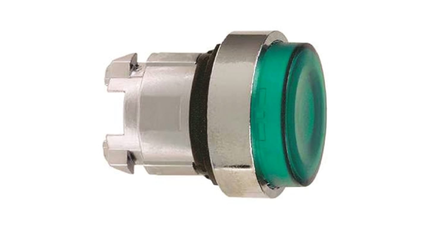 Attuatore pulsante Mantenuto Schneider Electric ZB4BH33, testa rotonda verde, diametro 28.5mm, IP67/IP69K, per montaggio a morsetto.
