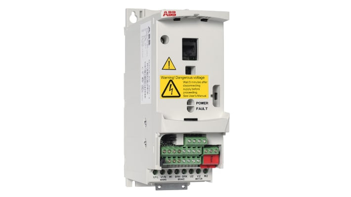 ABB ACS310-01E-02A4-2, inverter per ventole e pompe, potenza 0,37 kW, montaggio a parete o su guida DIN, dimensioni 239x70x161 mm.