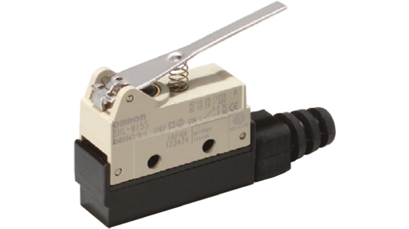 Interruttore di fine corsa Omron SHL-W155, leva NO/NC, protezione IP67, dimensioni 73.5mm x 40.9mm x 17.5mm.