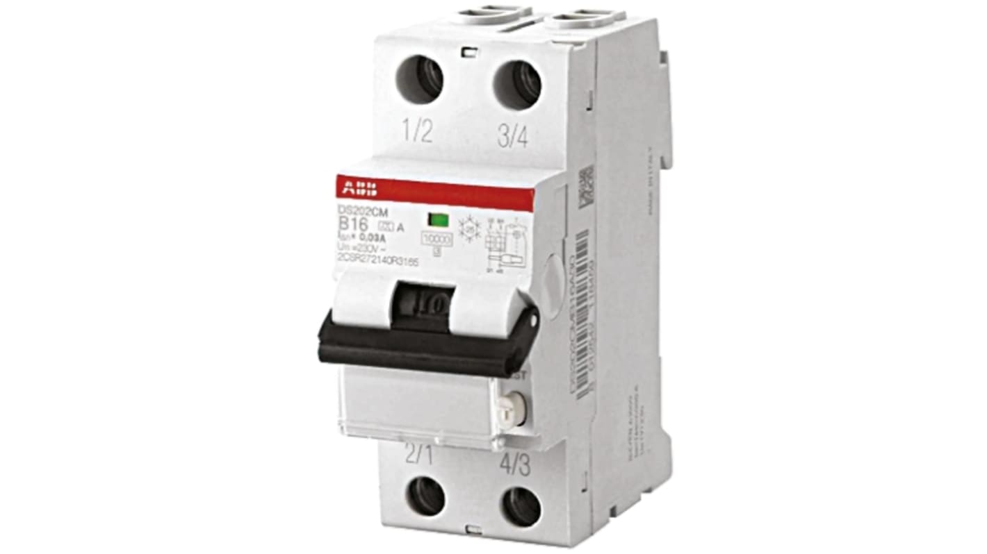 Interruttore automatico ABB DS202C, 2 poli, 10 A, 230 V, montaggio su guida DIN, sensibilità 10 mA, temperatura -25/+55 °C.