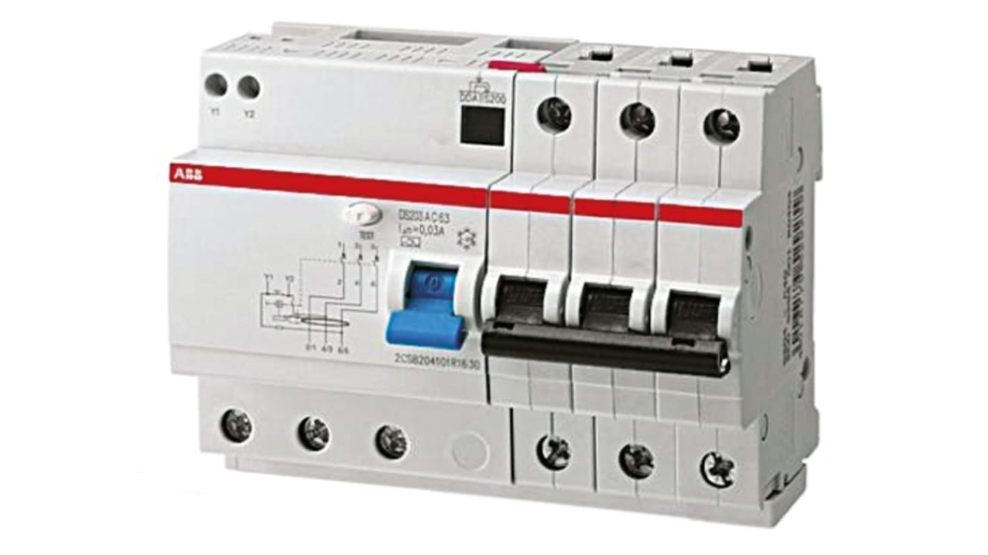 Interruttore differenziale ABB 3 poli, 20A, 30mA, montaggio su guida DIN, progettato per protezione da sovracorrenti.