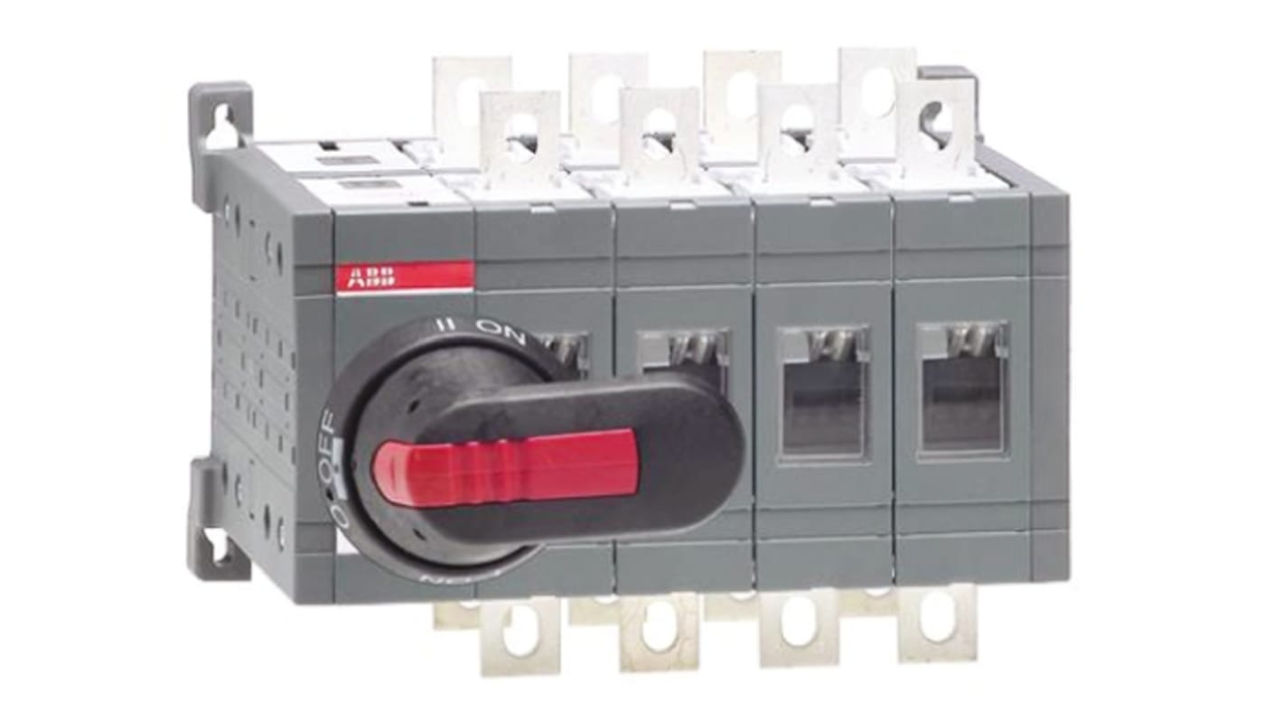 Interruttore di isolamento ABB OT200E04CP, 4 poli, 200A, montaggio su guida DIN, maniglia nera, lucchettabile.