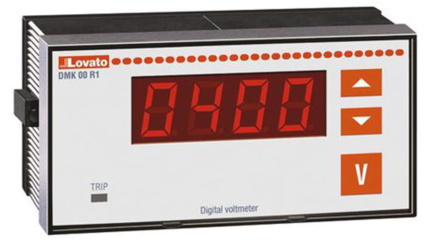 Voltmetro digitale Lovato DMK00R1, display LED 4 cifre, montaggio a pannello, dimensioni 96 x 48 mm, grado di protezione IP54.