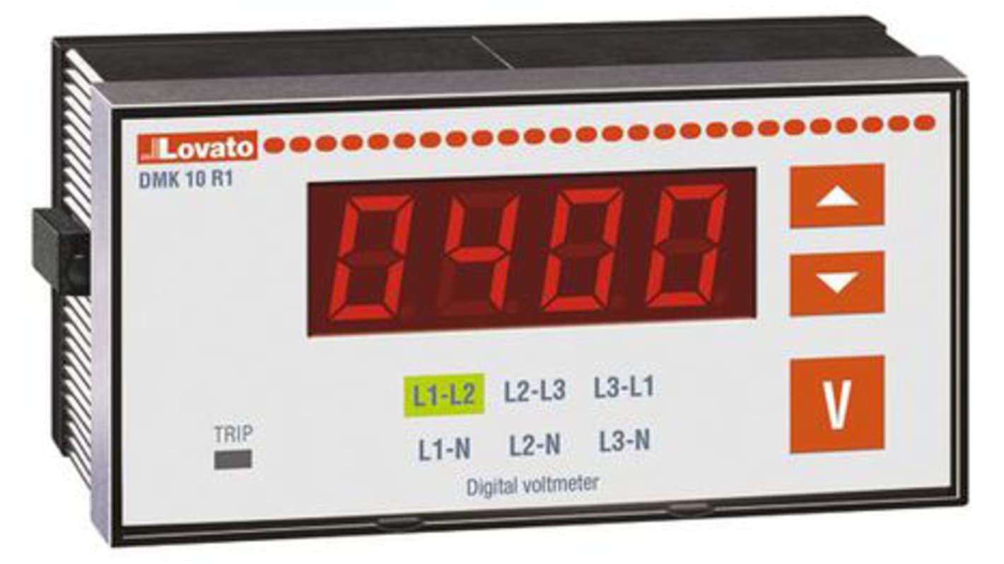 Voltmetro digitale Lovato DMK10R1, display LED 4 cifre, montaggio a pannello, dimensioni 96 x 48 mm, grado di protezione IP54.