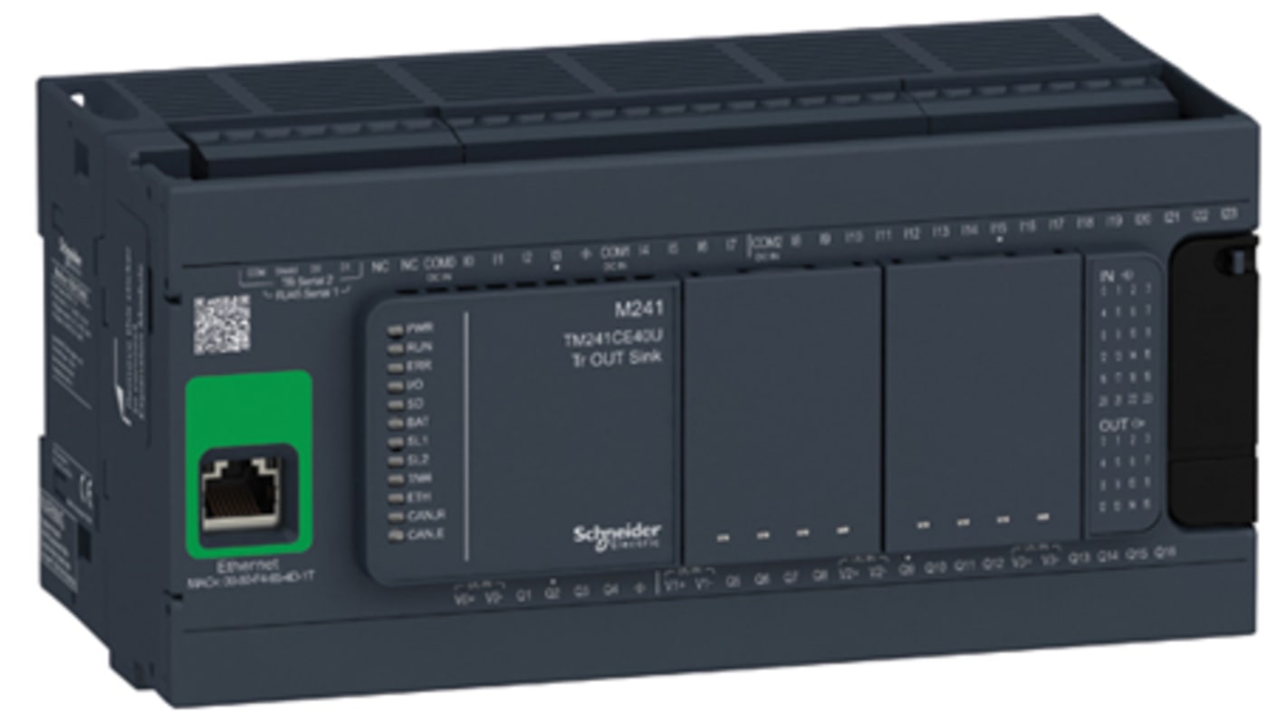 Schneider Electric TM241CE40U, CPU PLC Modicon M241, 40 I/O, montaggio su guida DIN, dimensioni 190 x 95 x 90 mm.