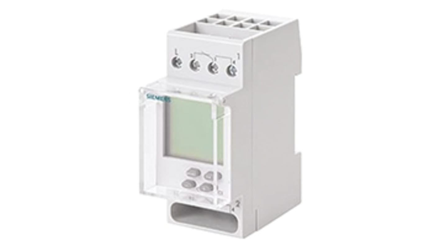 Temporizzatore digitale Siemens 7LF4512-0 per guida DIN, 230 V, 2 canali SPDT, programmazione settimanale, dimensioni 83x70 mm.