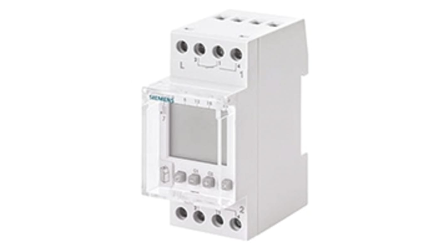 Temporizzatore digitale Siemens 7LF4532-0 per guida DIN, 230 V, 2 canali, programmazione testuale, dimensioni 83 mm x 70 mm.