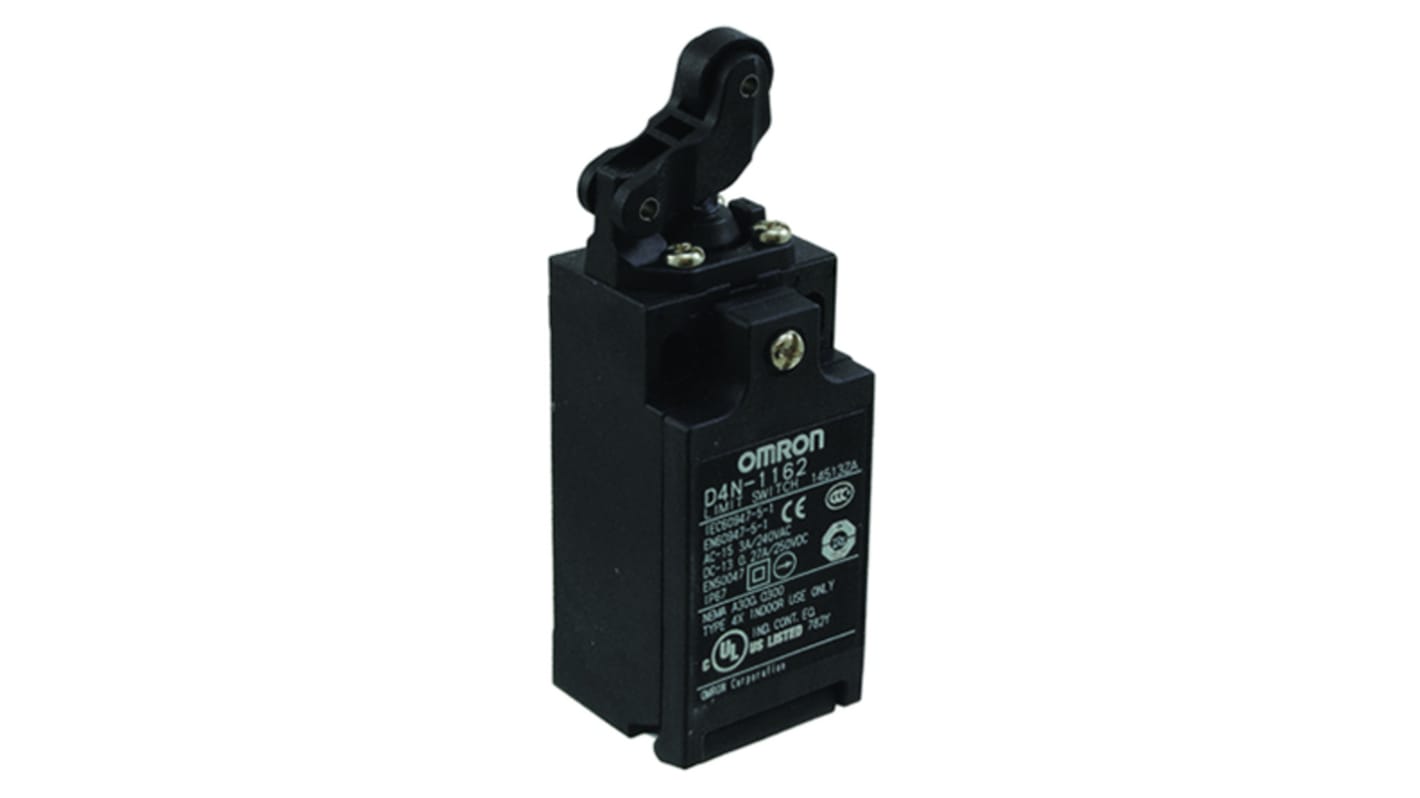 Omron D4N1A62, interruttore di fine corsa con leva a rullo, configurazione DPST, grado di protezione IP67, dimensioni 31x31.5x92 mm.
