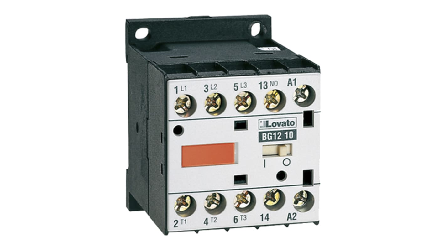 Contattore Lovato 11BG0910A110, 3 poli, 9 A, bobina 110 V c.a., montaggio su guida DIN 35 mm, dimensioni 58x44x57 mm.