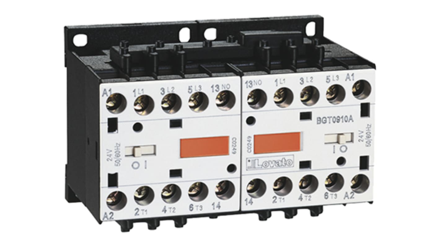 Teleinvertore Reversibile Lovato 11BGT0910A230, 3 poli, 9 A, 230 V, dimensioni 88x58x56 mm, con blocco meccanico.