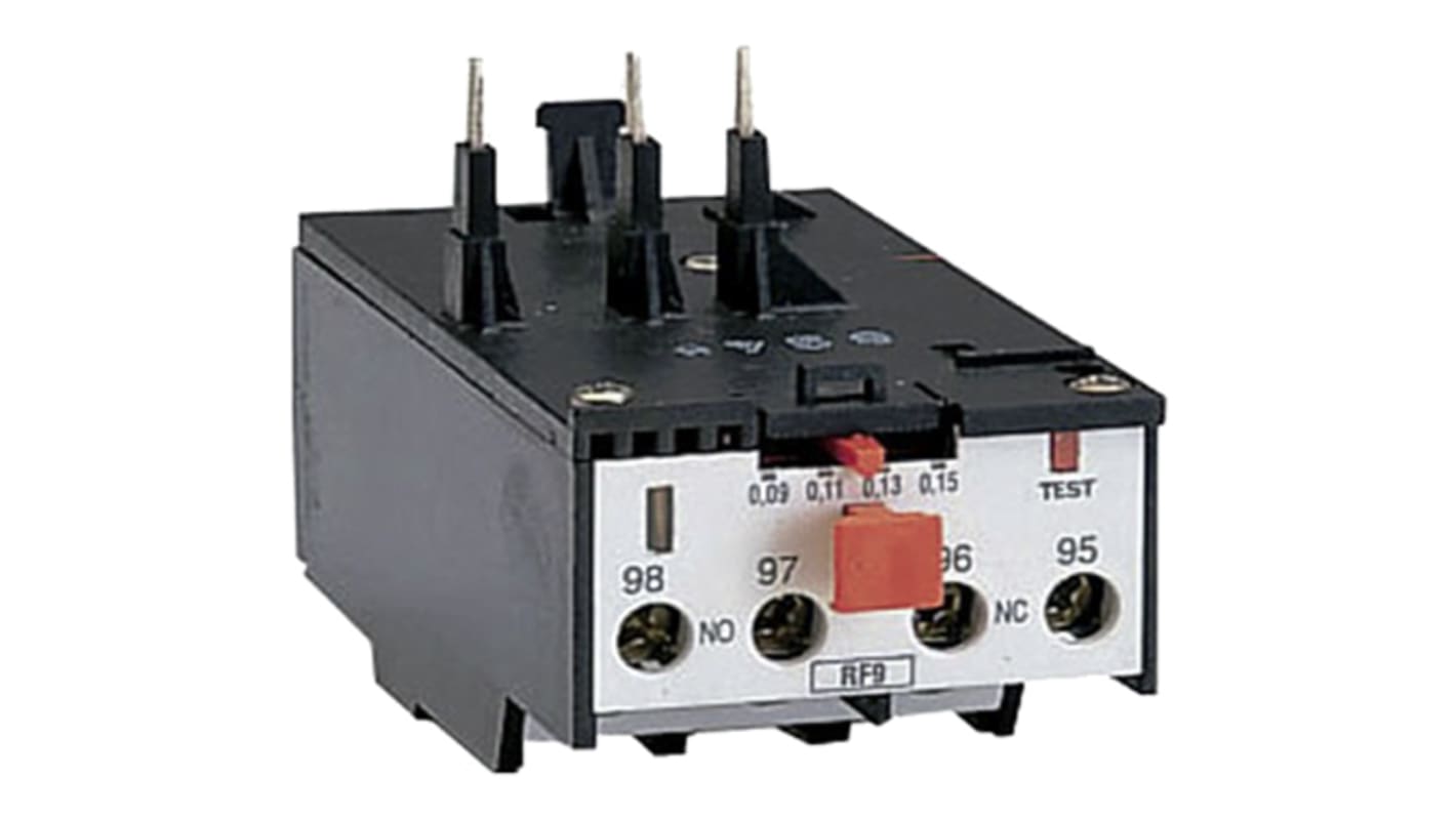 Relè di sovraccarico termico Lovato 11RF910, 3 poli, 1 NO + 1 NC, montaggio a clip, potenza 4-5,5 kW, dimensioni 54,5 mm.
