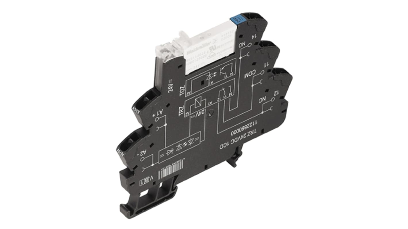 Relè di interfaccia Weidmüller 1122880000 TRZ, 24V bobina, contatti SPDT. Isolamento galvanico, protezione IP20. Ideale per automazione e apparecchiature a raggi X.