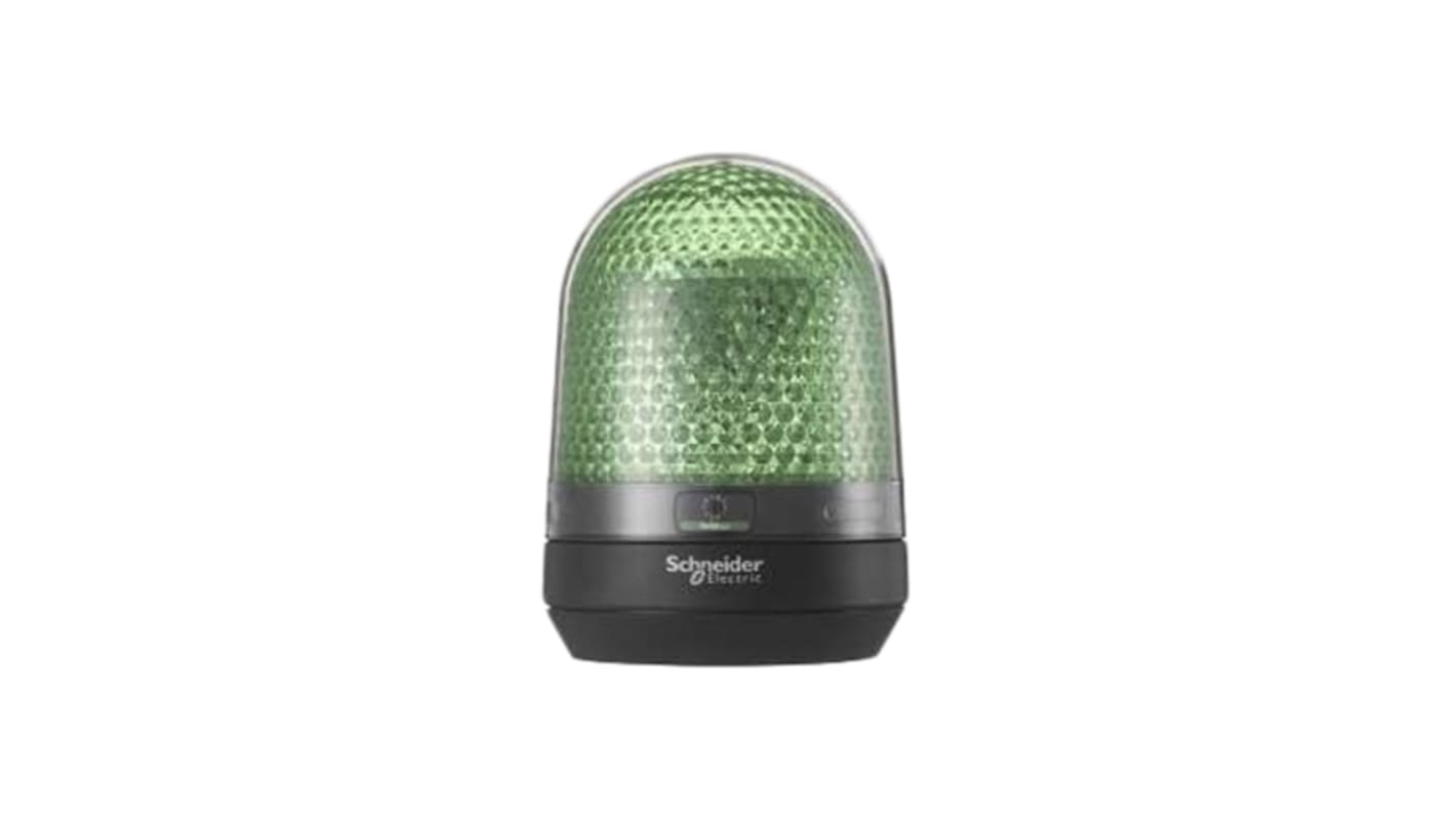 Segnalatore lampeggiante rotante LED verde Schneider Electric XVR3E03, montaggio su base, dimensioni 100x100x139 mm, grado di protezione IP65.