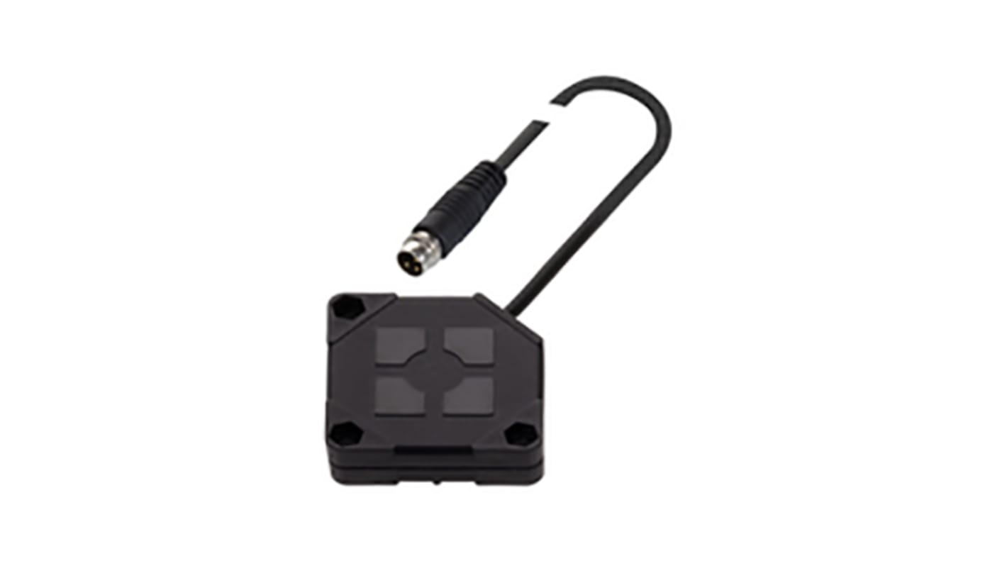 Sensore di prossimità PNP BALLUFF BCS Q40BBAA-PSC20C-EP00, tecnologia capacitiva, rilevamento 20 mm, IP67, dimensioni 40x40x10 mm.