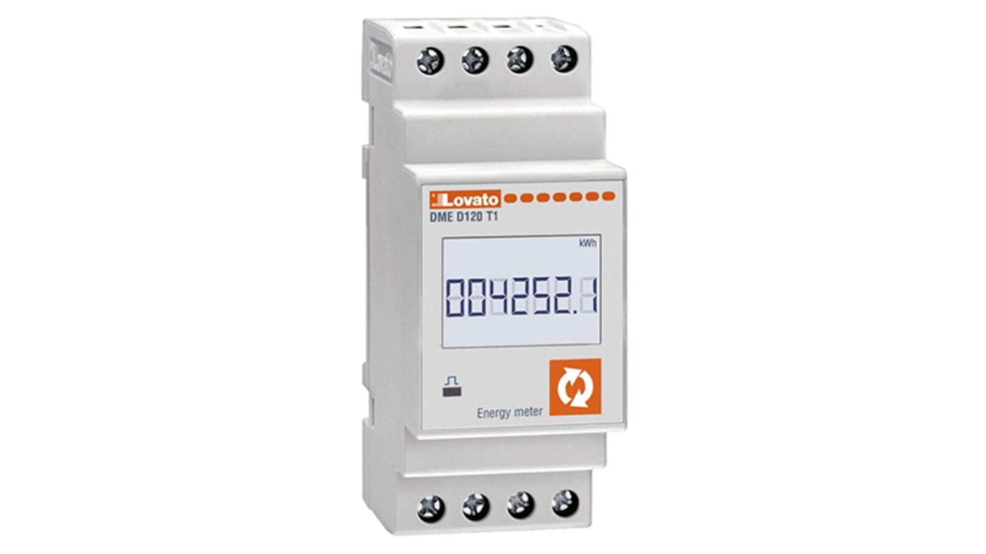 Contatore di energia monofase Lovato DMED120T1MID, con display LCD retroilluminato, per correnti fino a 63 A, protezione IP40.