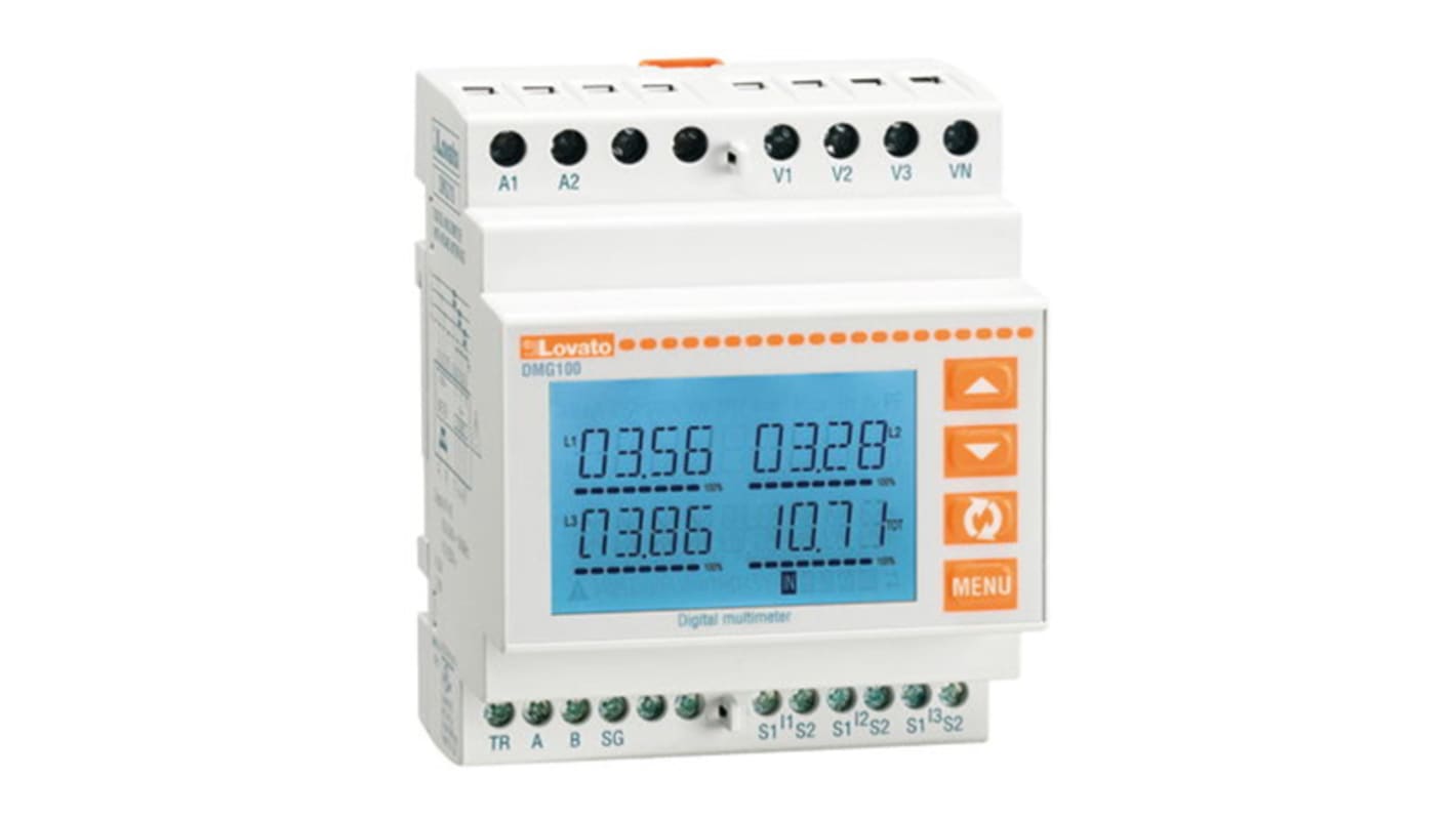 Misuratore digitale Lovato DMG110, montaggio su guida DIN, display LCD retroilluminato, misurazione TRMS 0.1-1.1 A.