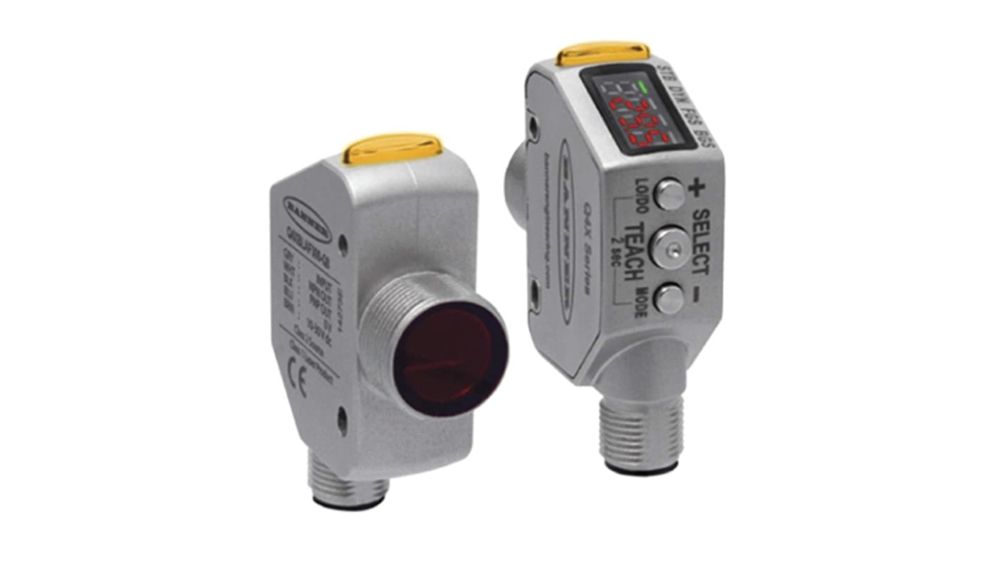Sensore di distanza cilindrico Banner Q4XTULAF300-Q8, rilevamento 25-300 mm, uscita NPN/PNP, montaggio a pannello, IP67/IP68/IP69K.