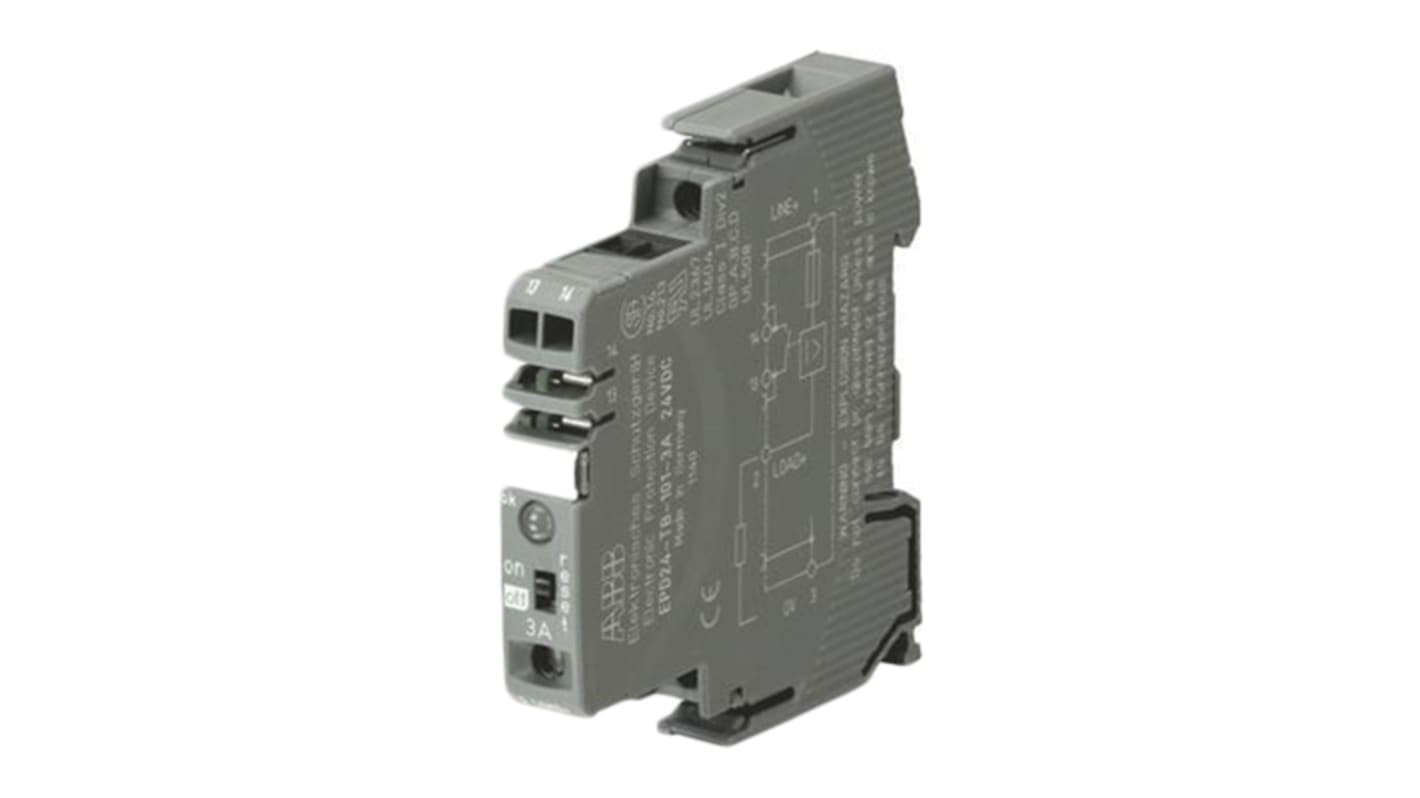 Interruttore di sicurezza elettronico ABB EPD24-TB-101-10A, 10A, 24V c.c., montaggio su guida DIN, larghezza 12,5 mm.